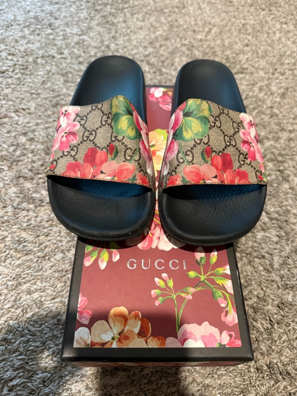 Gucci Black Slide Sandals with Pink and Green Floral GG Strap